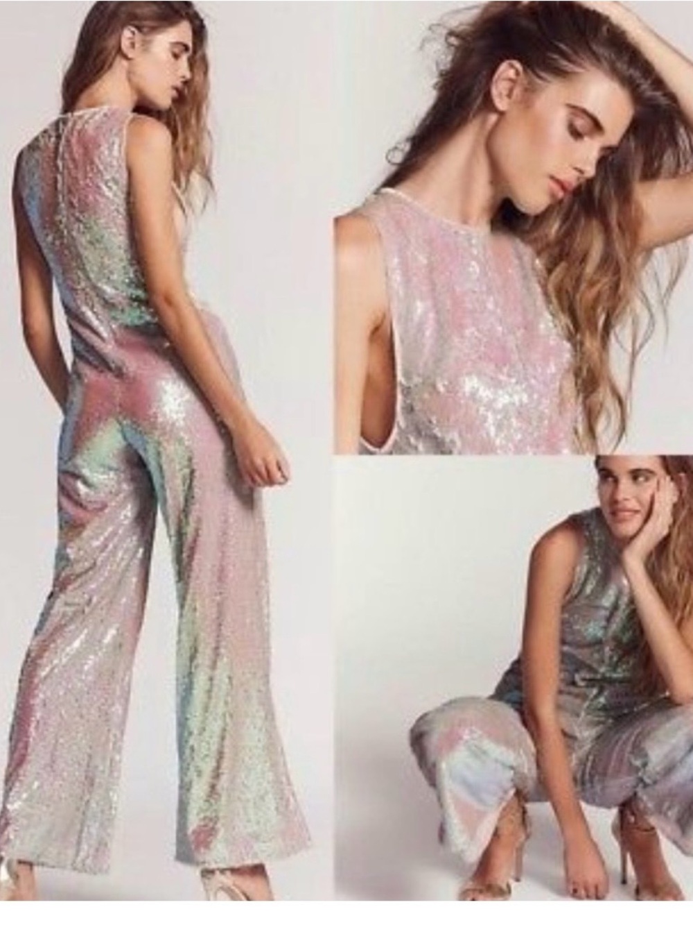 Free People Starbright Sequin Jumpsuit Blush Pink Green Blue Iridescent S